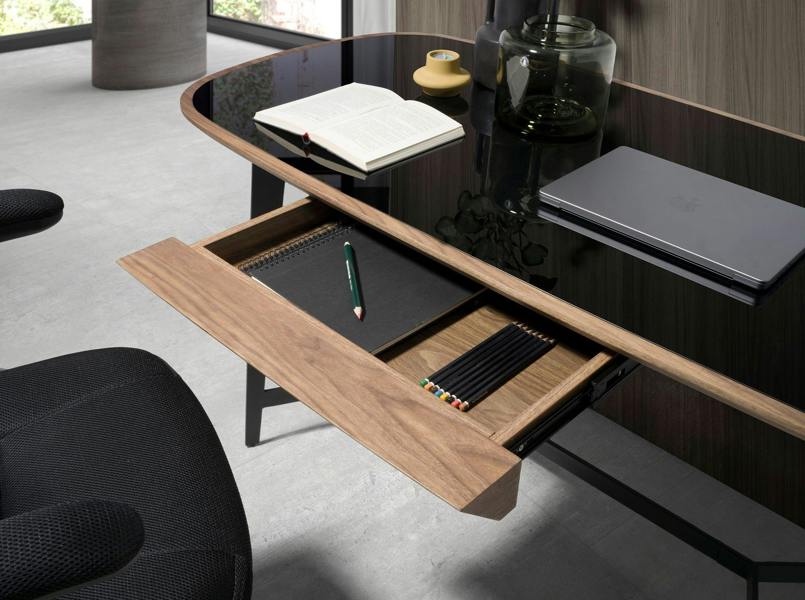 Angel Cerdá Writing desk walnut and black steel with black glass top 3137