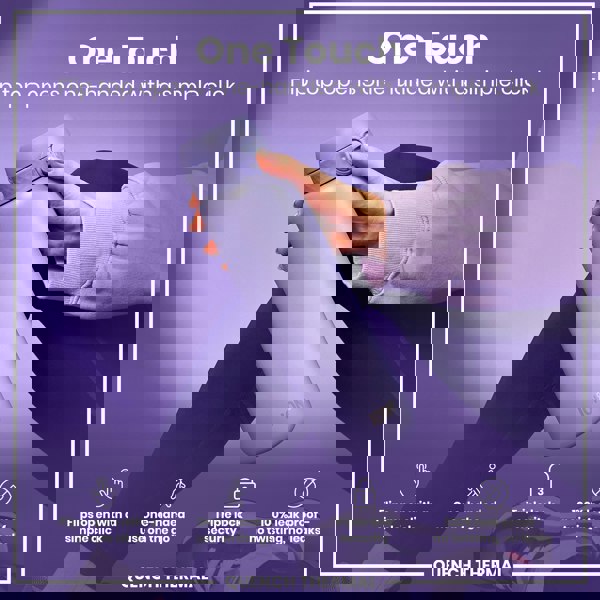 A lavender water bottle is held; its flip top opens with one hand. The context is a product advertisement showing the bottle's features: "One Touch," "Flips open with a simple click," "One-handed use on the go," "Triple lock security," "100% leak proof – no twisting, no leaks," and "QUENCH THERMAL."