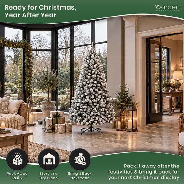 Flocked Woodcote Spruce Artificial Christmas Tree with Snow, 2.1m (7ft) Tall, 1072 Tips, Hinged Branches, 127cm Diameter, Metal Stand Included