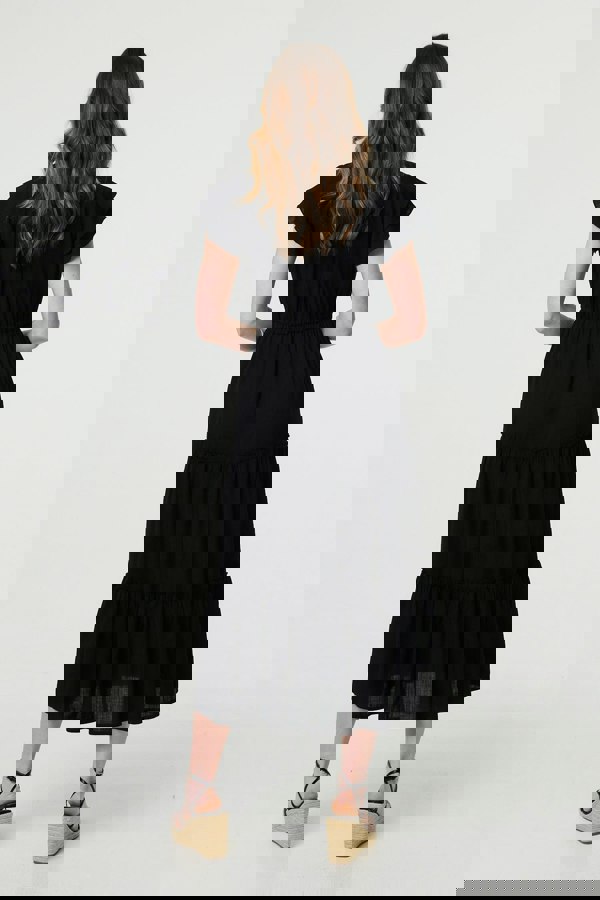 Black | Ruched Tiered Cap Sleeve Midi Dress
