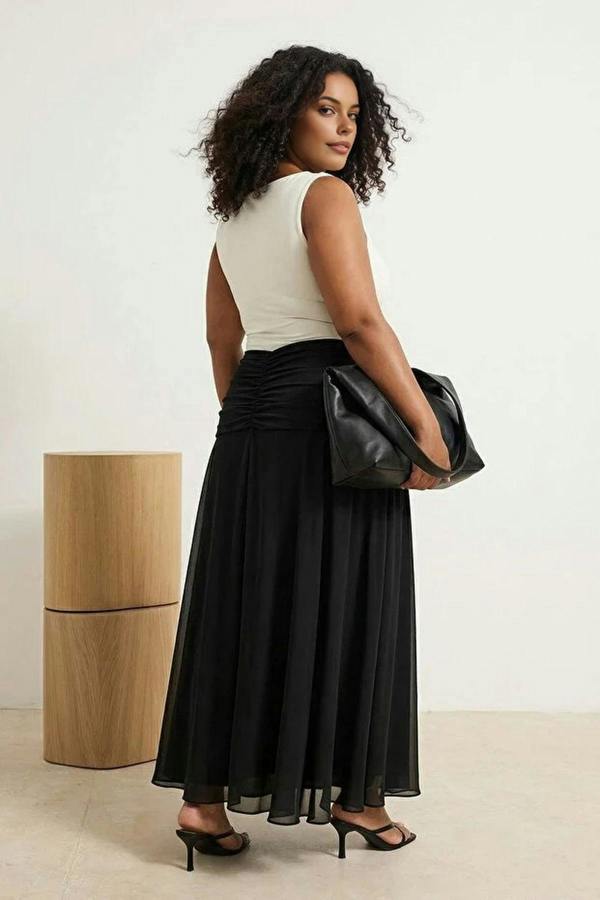 WOVCOR Draped Boho Chic Printed Tulle Stretch Knit Skirt