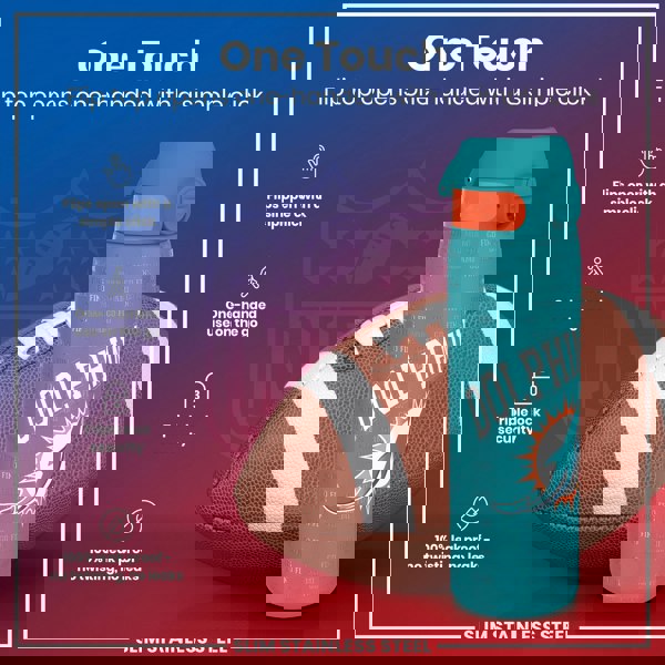 A teal, Miami Dolphins-themed water bottle rests beside a football. Its flip top opens one-handed; it's leakproof and has triple-lock security. The bottle is slim and made of stainless steel.