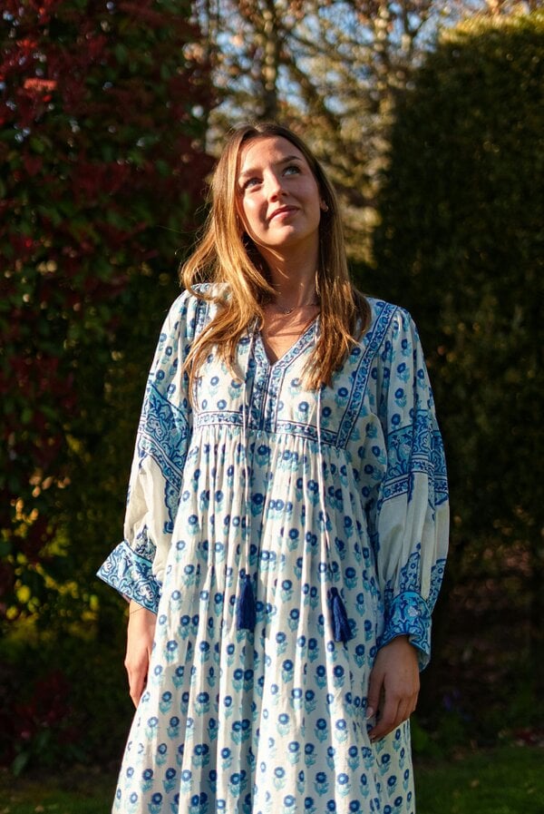AMELIA FLOATY SLEEVE WOODBLOCK PRINTED COTTON VOILE DRESS