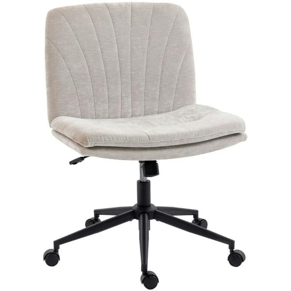 Beige armless upholstered swivel chair with wheels, crisscross pedestal base.