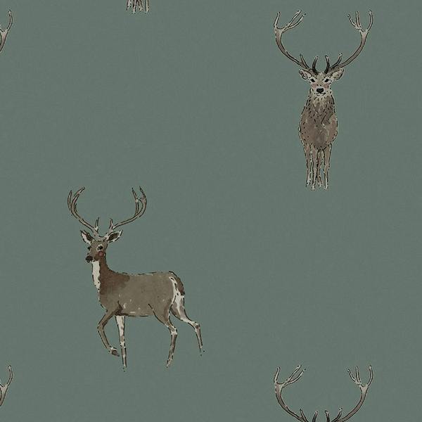 Sophie Allport Highland Stag Dark Heritage Teal Wallpaper