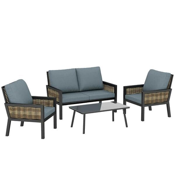 4 Seater Rattan Garden Furniture Set with 2 Armchairs, Loveseat, Coffee Table, Garden Sofa Set with Cushions, Grey
