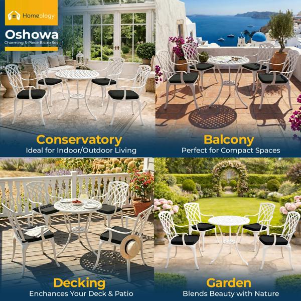 Homeology OSHOWA Luxurious Garden and Patio Table and 4 Large Chairs with Armrests Cast Aluminium Bistro Set - White with Black Cushions