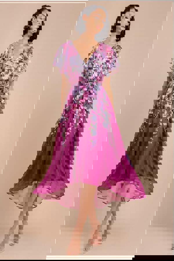 Flutter Sleeve A-Line Chiffon Floral Printed Midi Dress - Magenta DR4481