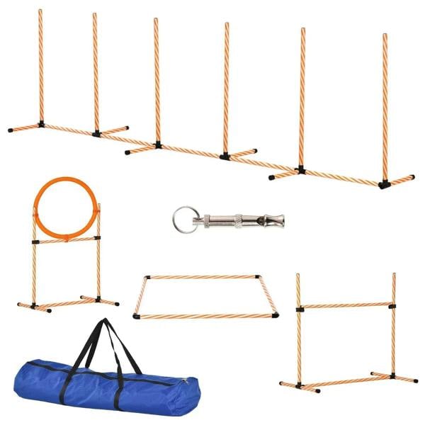 Orange-and-white dog agility obstacle set with jump hurdle, ring, weave poles, and carry bag