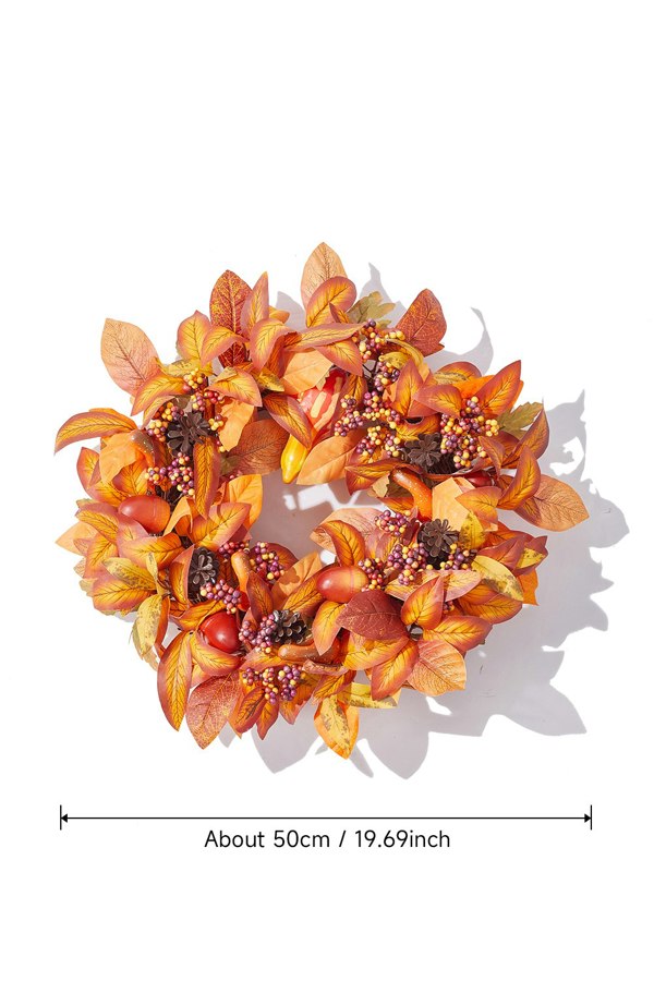 Living and Home 50cm Artificial Fall Wreath for Front Door Magnolia Leaf Wreath with Curved Pumpkin, Pine Cone, Acorn, Berry for Halloween Home Decor