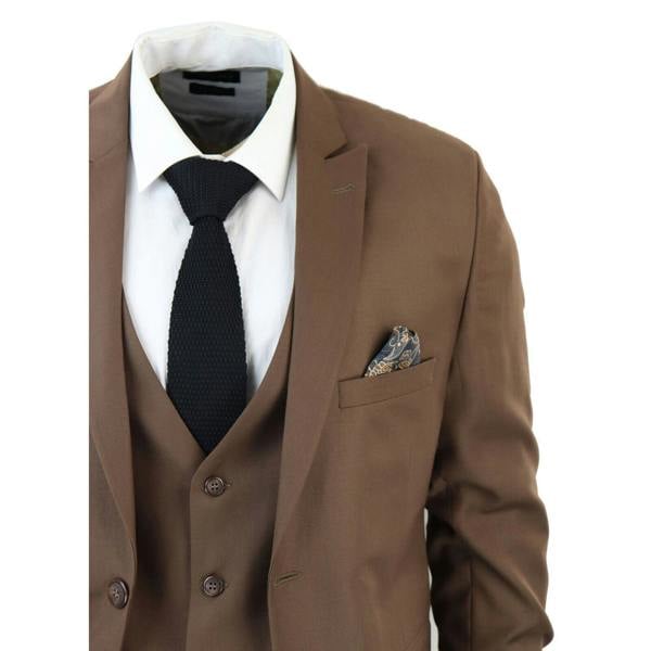 TruClothing Mens IM1 Classic Plain Brown 3 Piece Suit