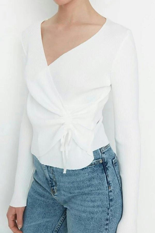 WOVCOR Double-Breasted Knit Sweater with Gathering Detail