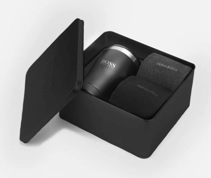 Hugo Boss Gift Set - 2 Pairs Men's Socks UK Size 6-11 (Grey and Black) with Thermal Mug