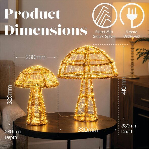 Scotts of Stow Xmas Haus 2 Pack Warm White Micro LED Acrylic Mushrooms Outdoor Decoration with Timer