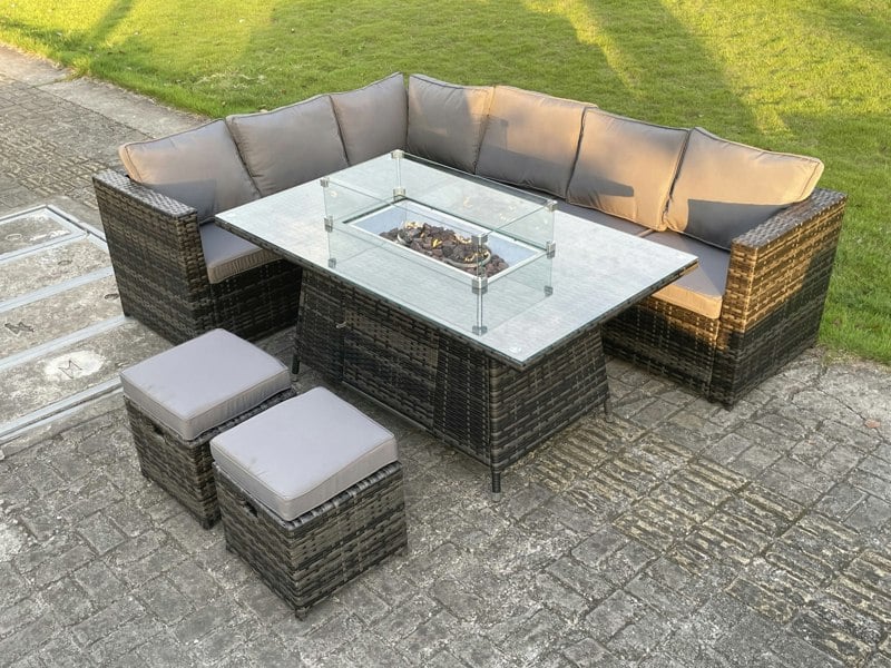 Fimous 8 Seater PE Rattan Corner Sofa Set Gas Fire Pit Dining Table Set Heater With 2 Small Stools