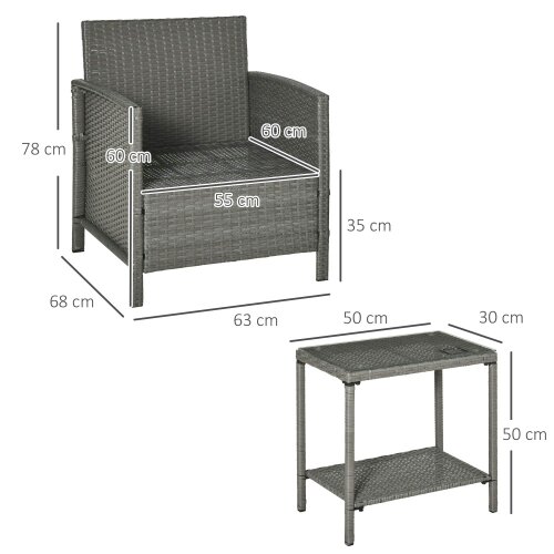 Wyld Haus Reha Rattan Light Grey 3 Piece Garden Bistro Set With 2 Tier Glass Table And Stripe Cushions