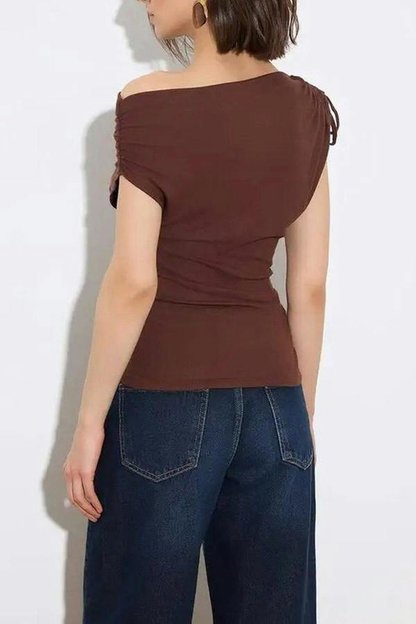 WOVCOR Regular Asymmetrical Collar Gathered Soft Knit Blouse