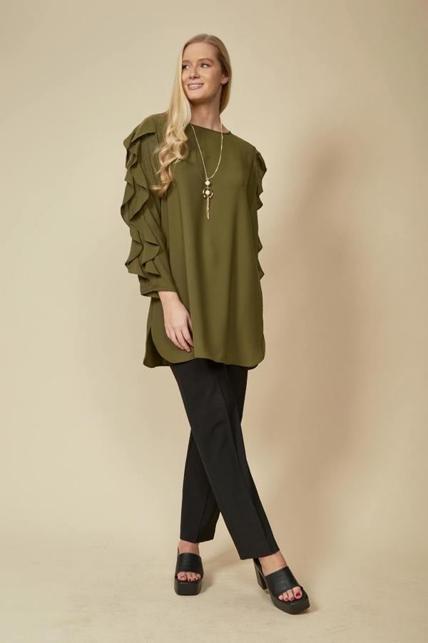 Hoxton Gal Oversized Ruffle Sleeve Relaxed Fit Tunic in Khaki