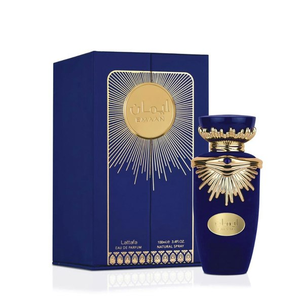 Emaan Eau De Parfum 100ml By Lattafa Perfumes bottle outside the box