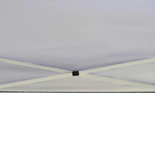 Underside view of blue pop-up gazebo roof with support crossbars