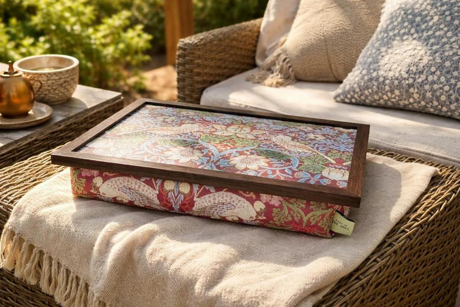 Made in the Mill Luxury William Morris Red Strawberry Thief Lap Tray With Bean Bag