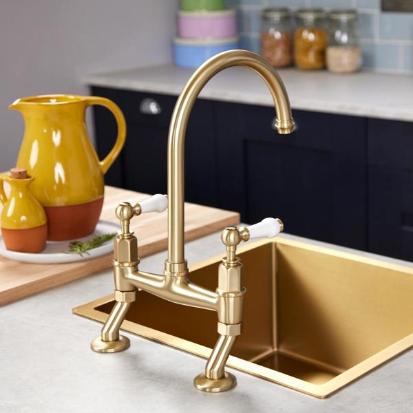 Flode Larvik | Kitchen Dual Lever Bridge Mixer Tap | Brushed Brass Finish