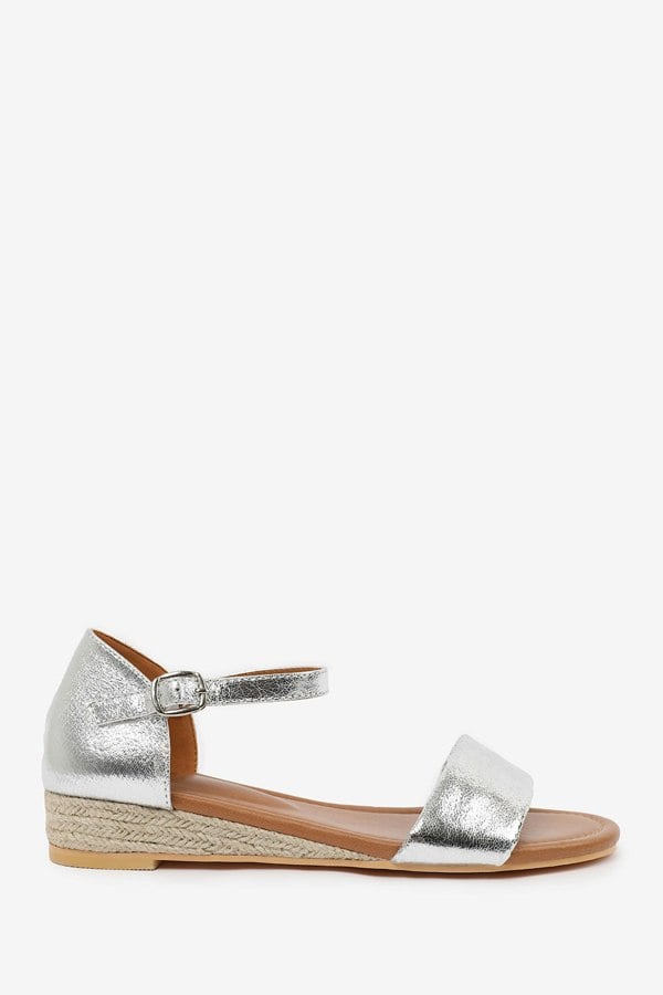 Where's That From Eleanor Low Wedge Shoes With Adjustable Ankle Strap in Silver Metallic Faux Leather