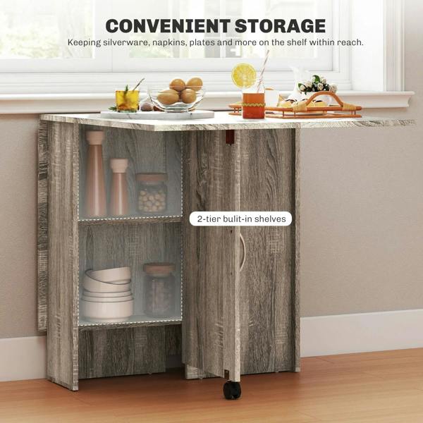 Grey folding dining table with drop leaves and two-tier shelves on casters