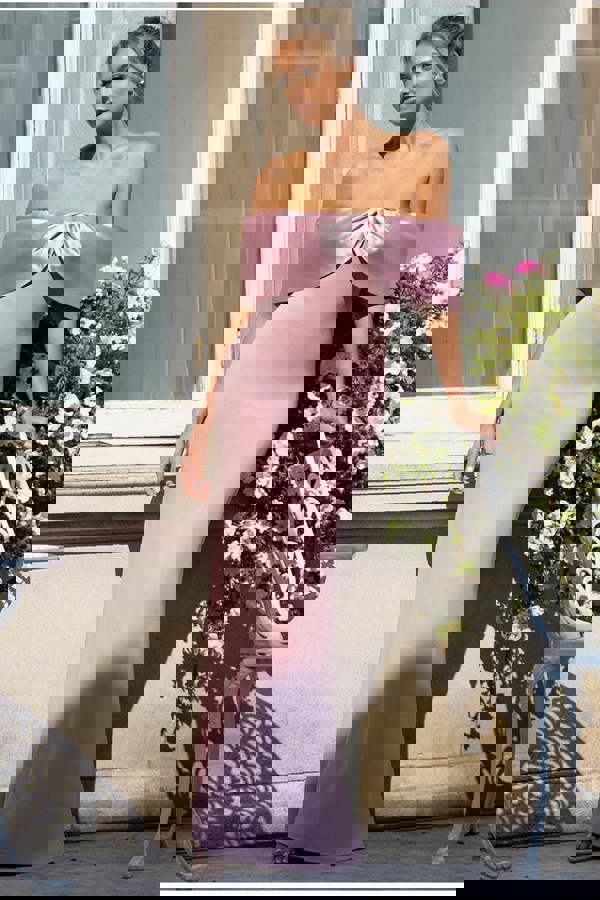 Twist Knot Satin & Scuba Bardot Maxi Dress - Blush Pink DR4575