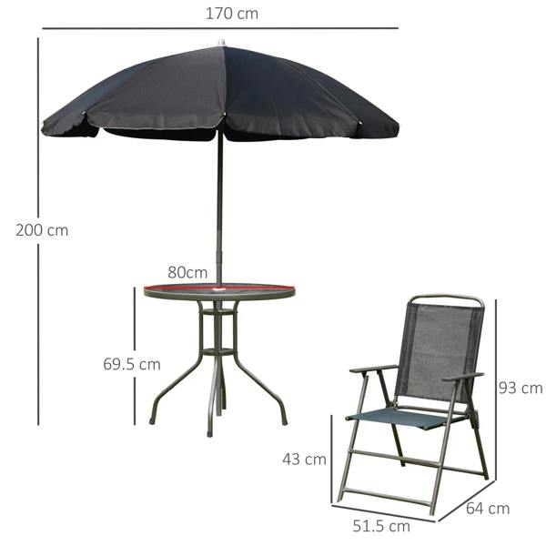 Black umbrella with round table and folding armchairs shown with product dimensions