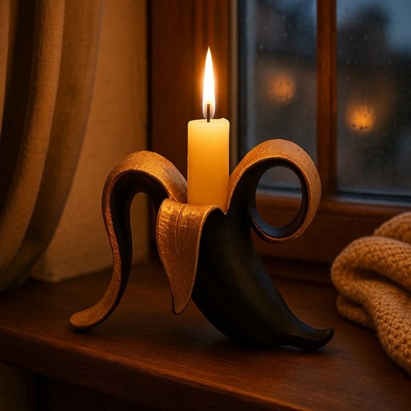 Candle in a decorative holder on a wooden surface with a window in the background