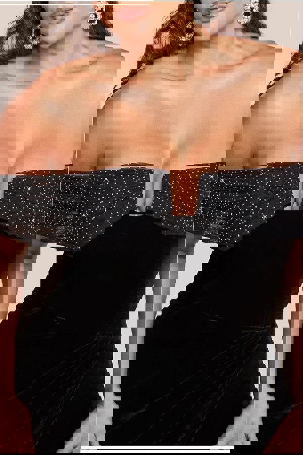 Off Shoulder Hotfix Diamante Wing Velvet Maxi Dress - Black DR4484PLUS