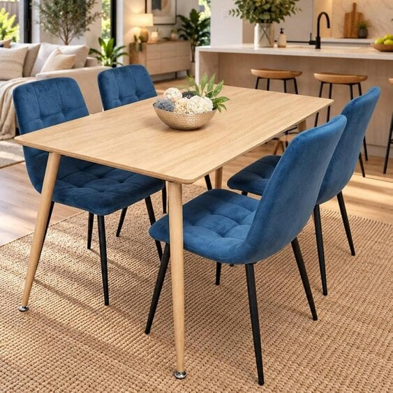 Kosy Koala Modern Wood Effect Dining Table Set With 4 Blue Velvet Chairs Dining Room Furniture