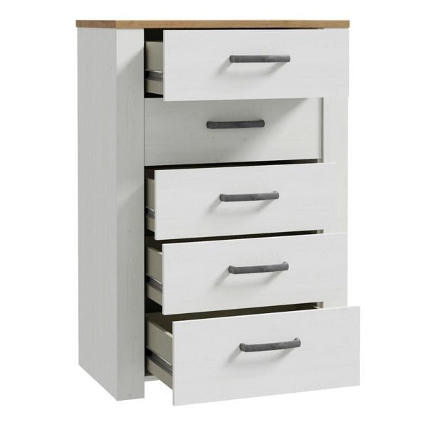 Furniture To Go Bohol 5 Drawer Narrow Chest in Riviera Oak/White