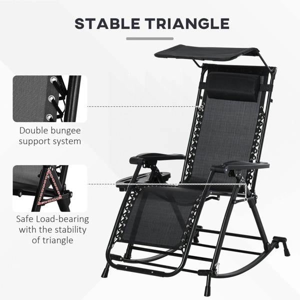 Black folding rocking recliner lounger chair with sturdy steel base