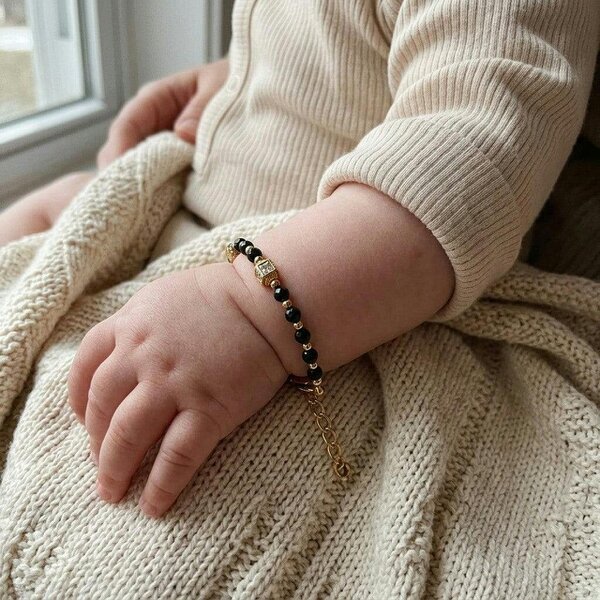 The Colourful Aura Gold Plated Black Faceted Bead Zircon Cube Charm Kids Nazaria Bracelet