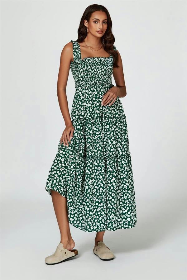 FS Collection Floral Print Hem Detail Tiered Maxi Dress In Green