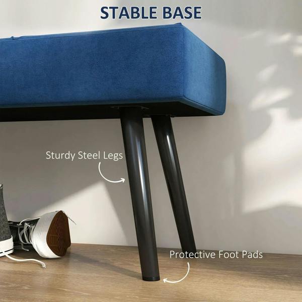 Blue upholstered bench with sturdy black steel legs and protective foot pads