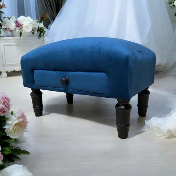 BLUE VELVET FOOTSTOOL WITH DRAWER