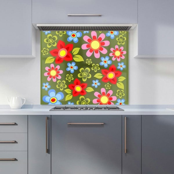 Warren Reed - Designer Red And Blue Flowers Kitchen Splashback