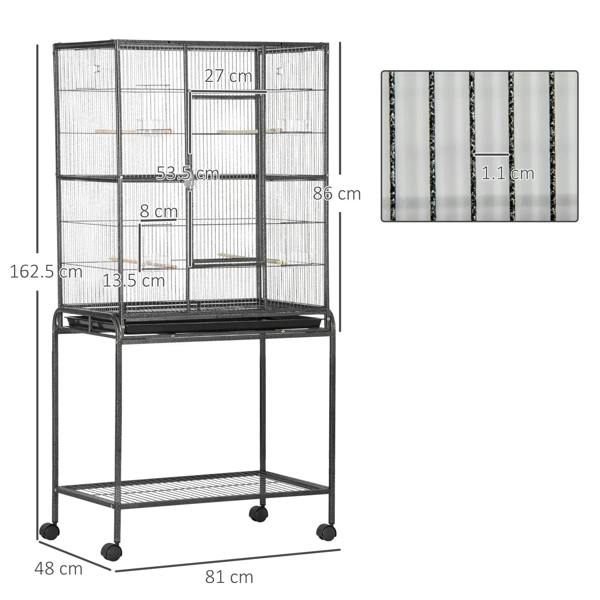 Large black bird cage with stand and bottom wire shelf; size diagram on white background