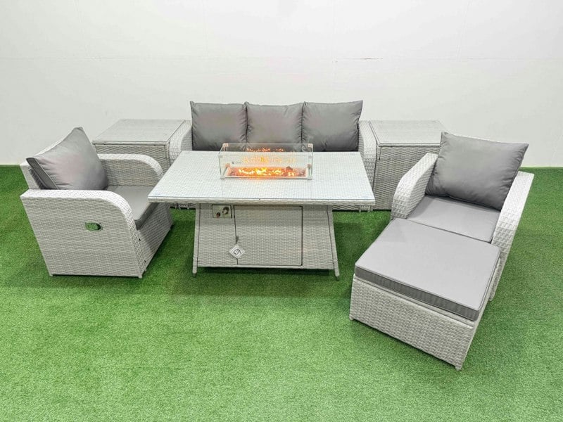 Fimous PE Rattan Garden Furniture Set Reclining Chair Sofa Lounge Sofa Set Fire Pit Dining Table 2 Side Table Big Footstool Light Grey