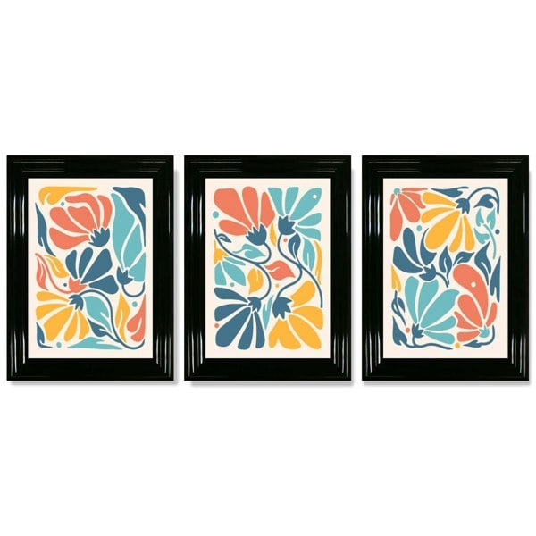 Set of 3 Colourful Floral Framed Art Prints with Glossy Black Frames