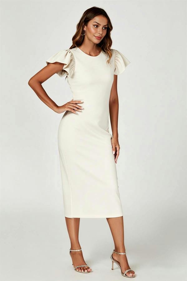 FS Collection Volume Sleeve Bodycon Midi Dress In Off White