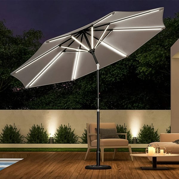 Light Grey 3M Lighted Market Sunbrella Umbrella with Solar Strip LED Lights Parasols & Rain Umbrellas Living and Home