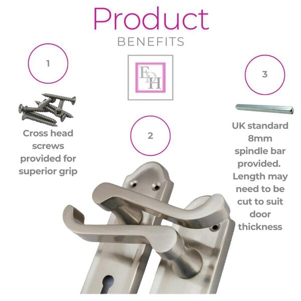 EDH Door Hardware Premium Satin Nickel Internal Lock Door Handle Set+3 Lever Mortice Sash Lock, 2 Pairs