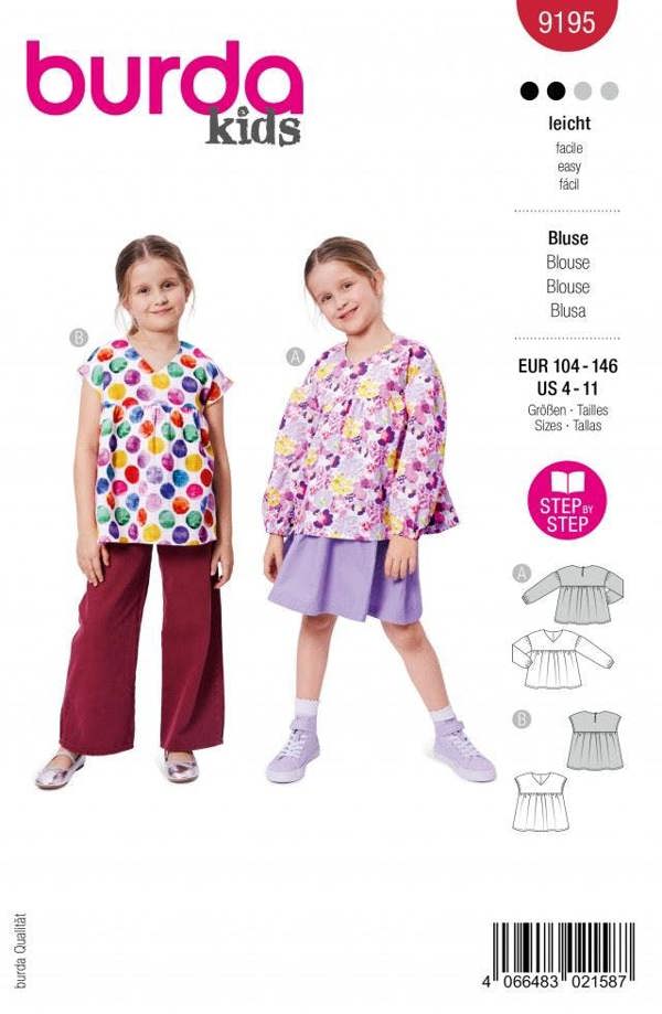 Burda Sewing Pattern 9195 Tops For Kids, 4 to 11 Years - Easy