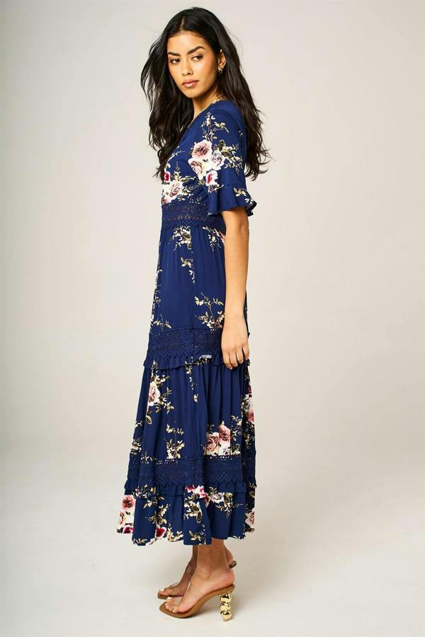 FS Collection Floral Print V Neck Lace Detail Midi Dress In Navy