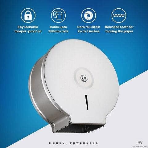 ProWashroom Pro Washroom Stainless Steel Jumbo Toilet Roll Dispenser Space-Saving Wall-Mount, High-Capacity 250mm Roll Holder Lockable