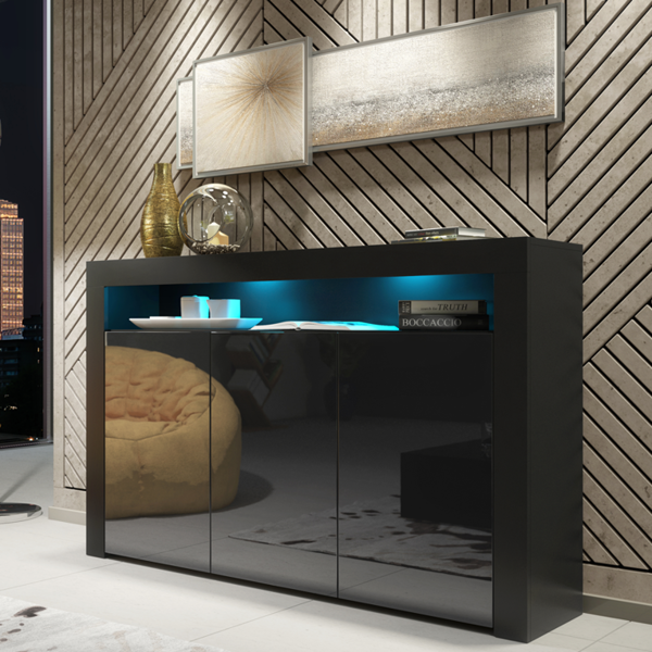 Mex Furniture 155cm Sideboard TV Stand Cupboard Cabinet – Black High Gloss Doors with Free LED